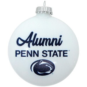 white holiday 3D disc ornament with navy Alumni, Penn State, and Athletic Logo